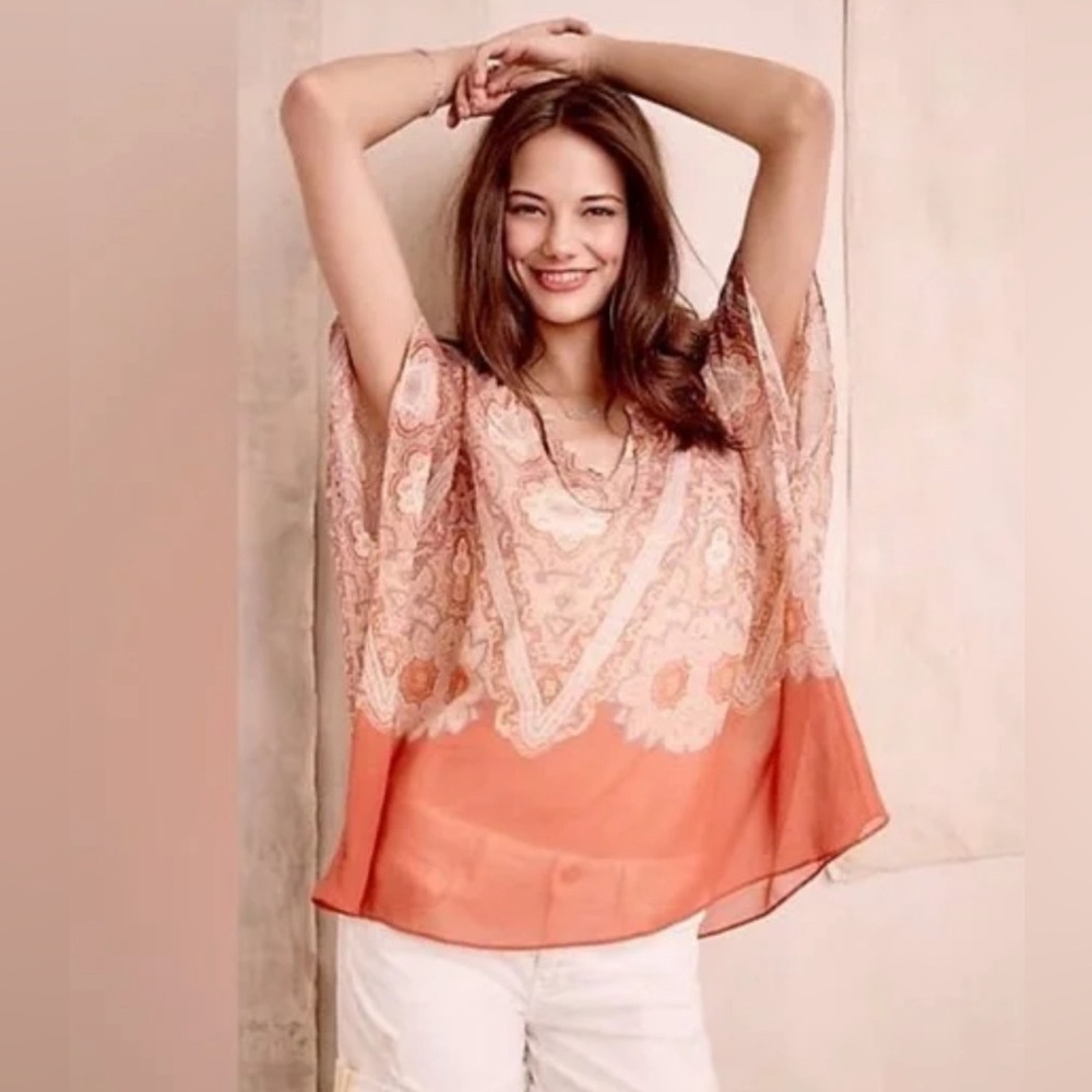 Anthropologie Maeve Nalina Silk Orange Mosaic Poncho Blouse Boho Flowy Top S